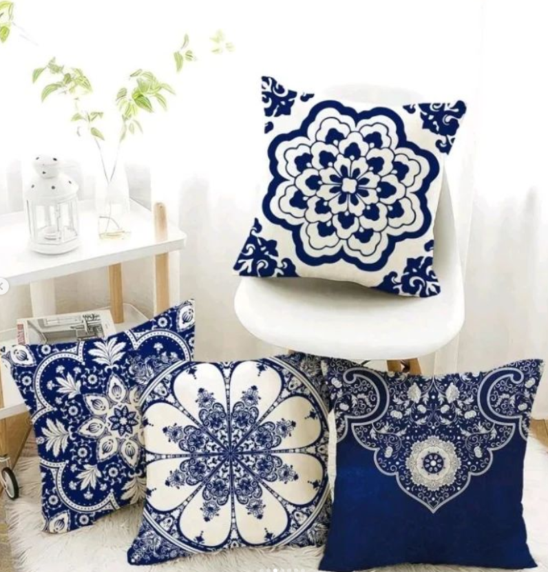 4PCS BLUE AND WHITE PORCELAIN PATTERN CUSHOIN COVER