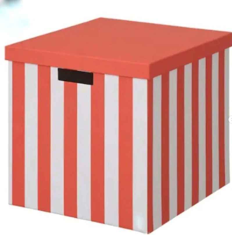 TJENA Storage box with lid, stripes / red/white