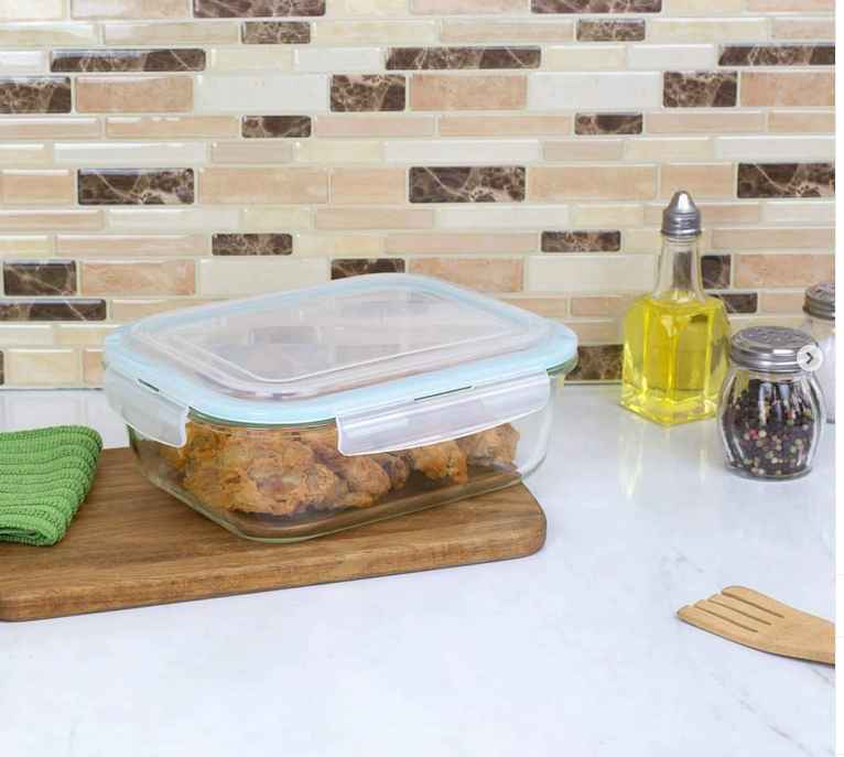 RECTANGLE GLASS FOOD STORAGE CONTAINER WITH PLASTIC LOCKING LID