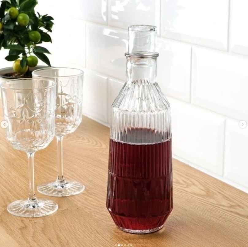 SÄLLSKAPLIG Carafe with stopper, clear glass/patterned