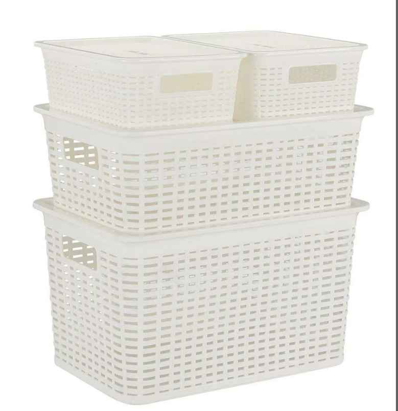 SET OF STORAGE BASKETS + LIDS, 8 PIECES/SET - WHITE