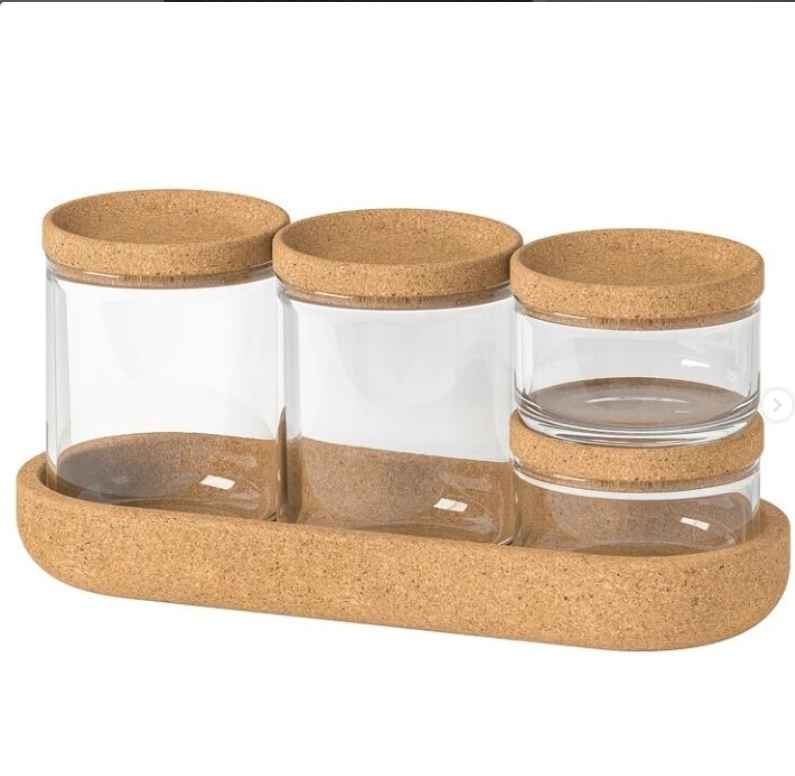 SAXBORGA Jar with lid and tray, set of 5, glass cork