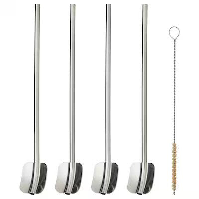 LUFTTÄT 5-pc drink strw/spoon set w clng br, stainless steel