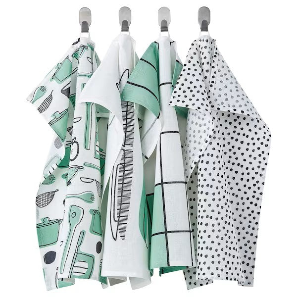 RINNIG Tea towel, 4 pcs white/green/patterned, 45x60 cm