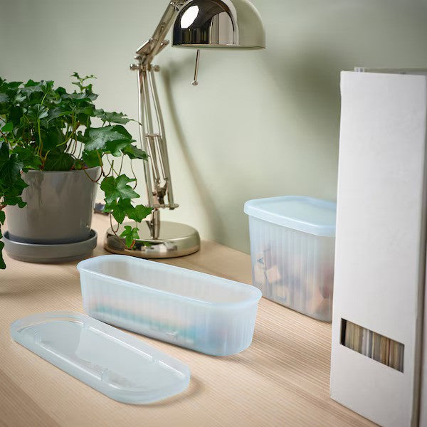 RYKTA Storage box with lid, transparent grey-blue